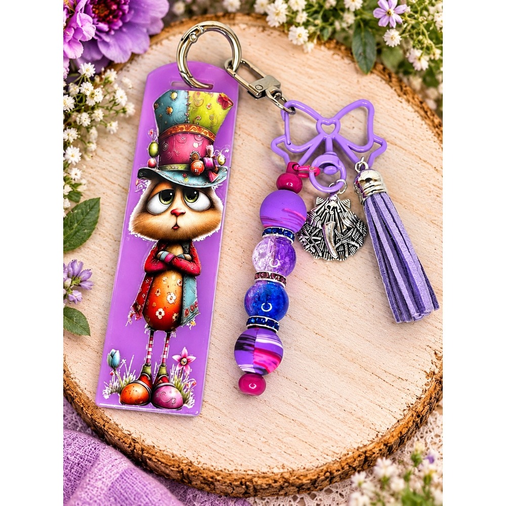 Mad Hatter Rabbit Keychain Purple Acrylic Charm Tassel Bead Bow Clip 15